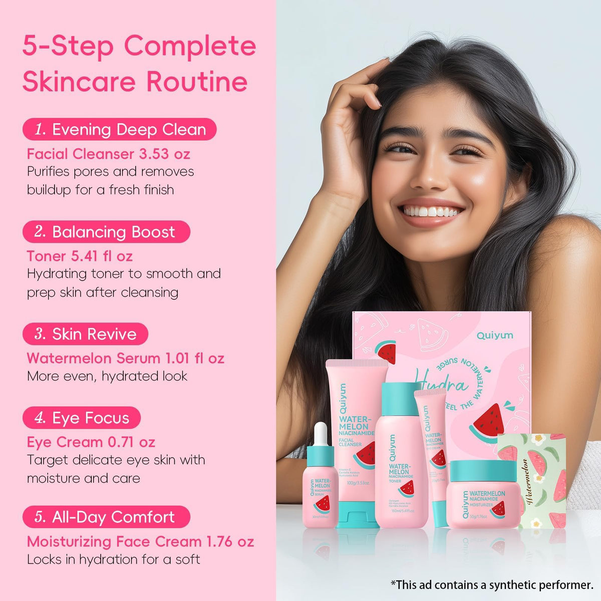 All five products from QUIYUM Watermelon Skincare Set arranged