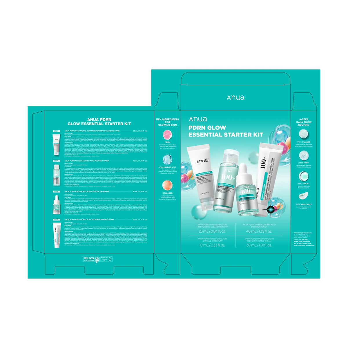 All four products from ANUA Salmon DNA PDRN Glow Essential Starter Kit arranged together