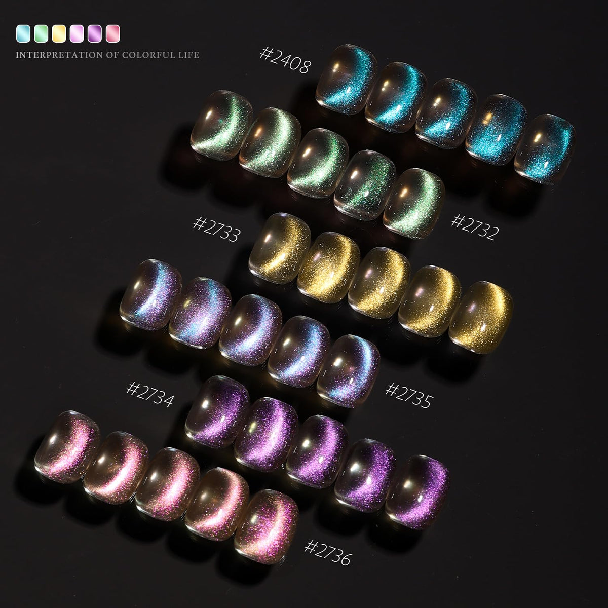 All six colours of GAOY Cat Eye Gel Nail Polish displayed