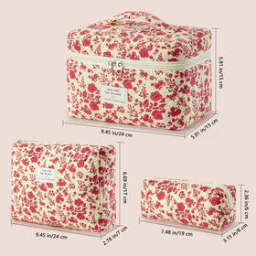 All three HBselect makeup bags stacked together on a flat surface