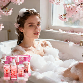 All three products from the Japanese Cherry Blossom Bath Set displayed together