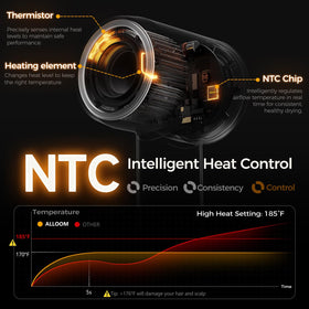 Alloom Hair Dryer Pro showing temperature control display