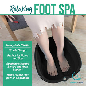 AllSett Health Foot Soaking Bath Basin beside essential oils and salts
