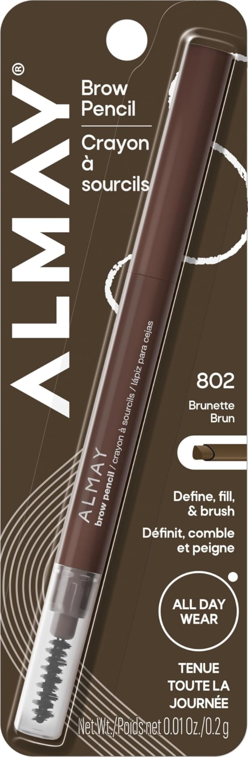 Almay Brow Pencil 802 Brunette front view with spoolie brush