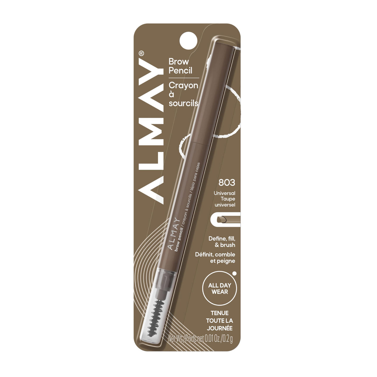 Almay Brow Pencil 803 Universal Taupe front view with spoolie brush