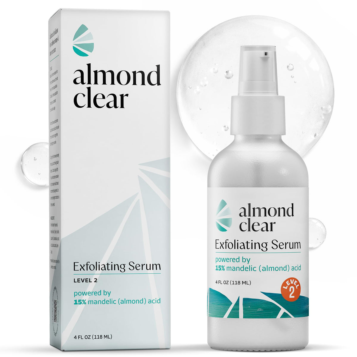 Almond Clear Level 2 Serum 4 oz front view with pump dispenser
