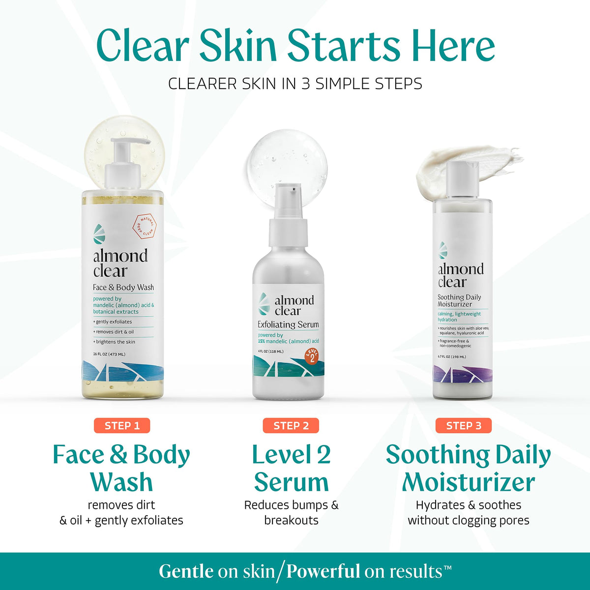 Almond Clear Level 2 Serum 4 oz on a bathroom counter