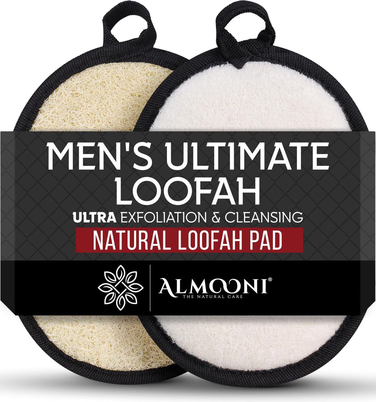ALMOONI Loofah Sponge Body Scrubber for Men, black front view