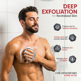 ALMOONI Loofah Sponge Body Scrubber for Men gray with elastic strap
