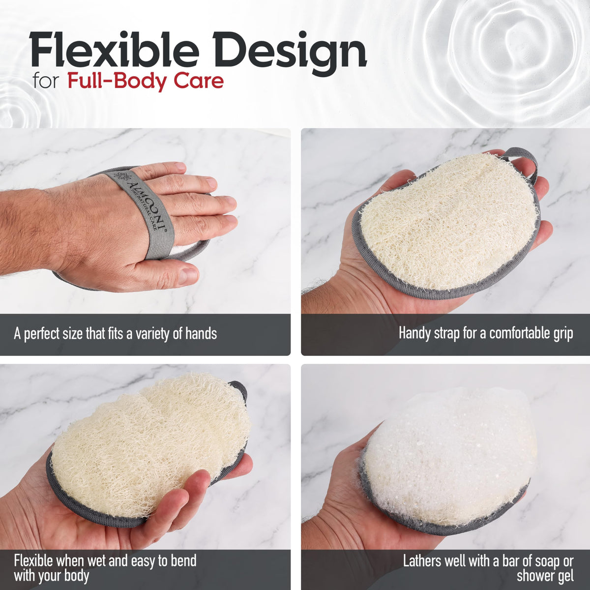 ALMOONI Loofah Sponge Body Scrubber for Men gray with hanging loop
