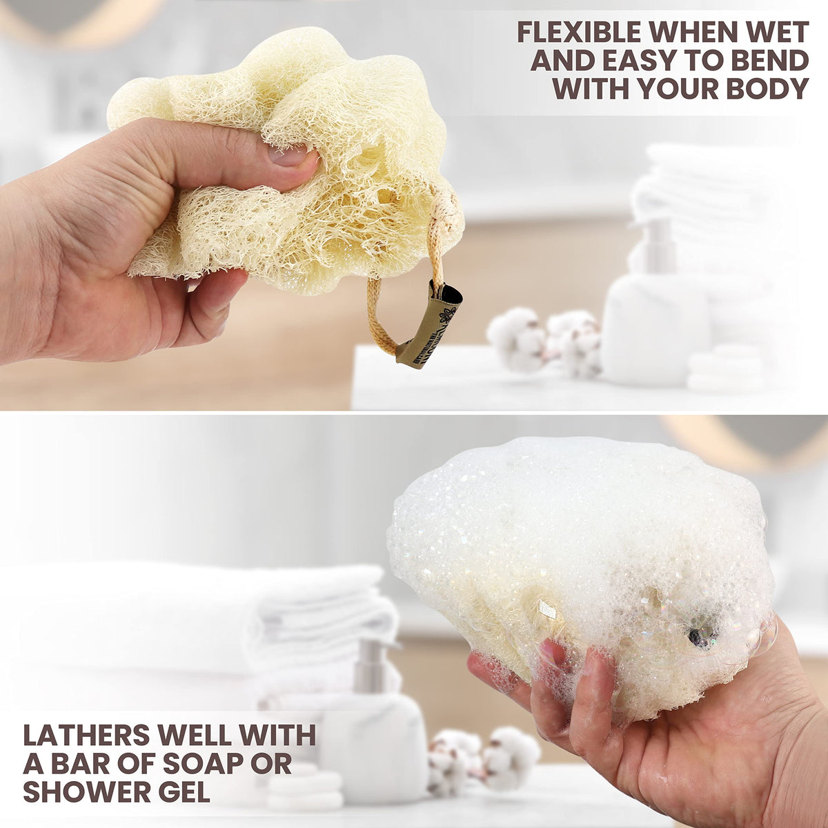 ALMOONI loofah sponge in use during a shower