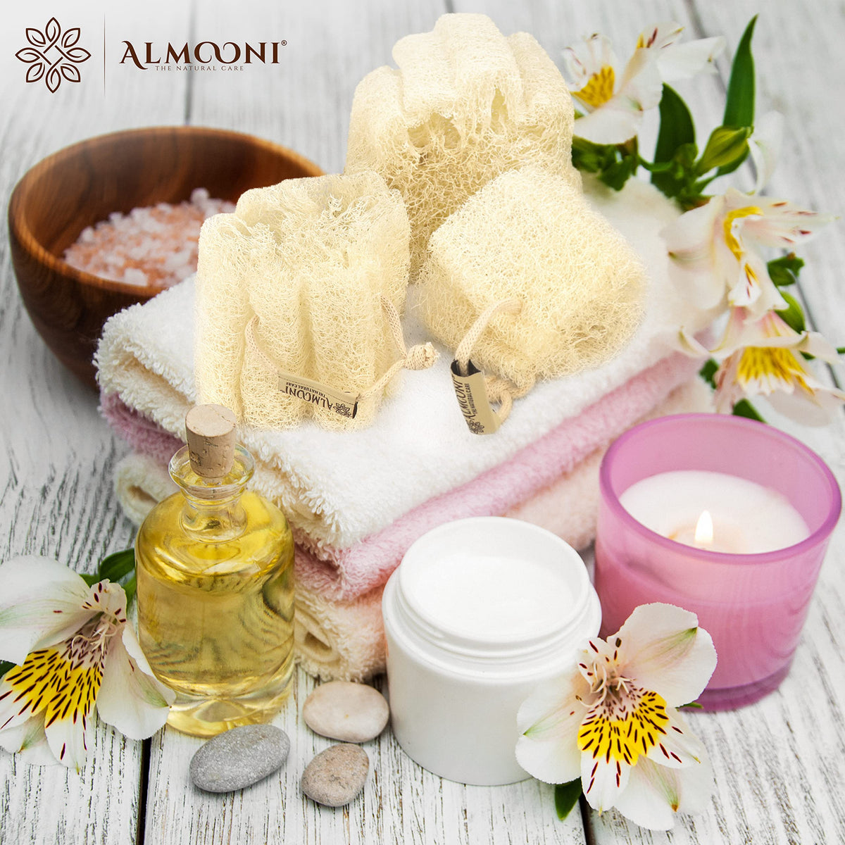 ALMOONI loofah sponge next to bath products
