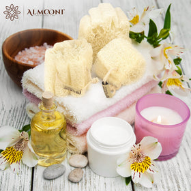 ALMOONI loofah sponge next to bath products