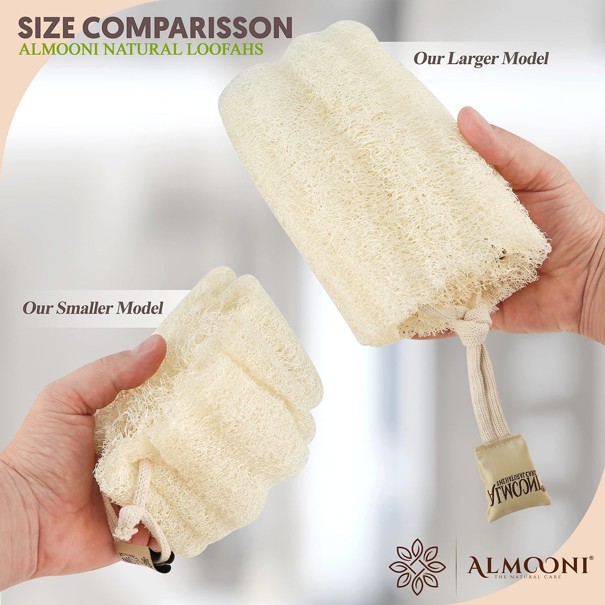 ALMOONI Mini Natural Loofah Sponge 3-Pack displayed on a bathroom shelf