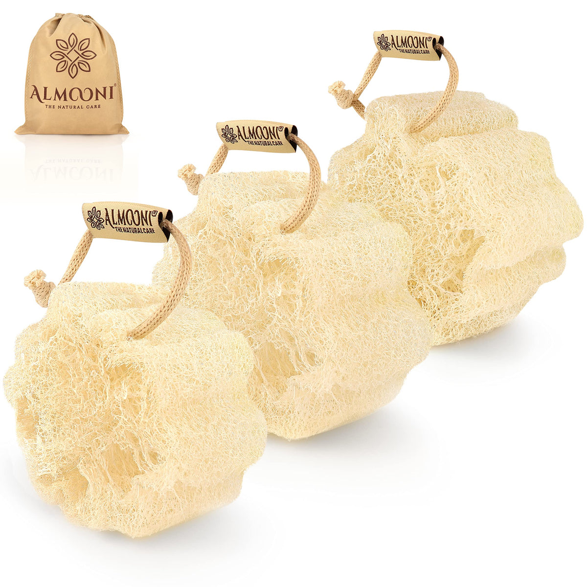 ALMOONI Mini Natural Loofah Sponge 3-Pack in gift packaging
