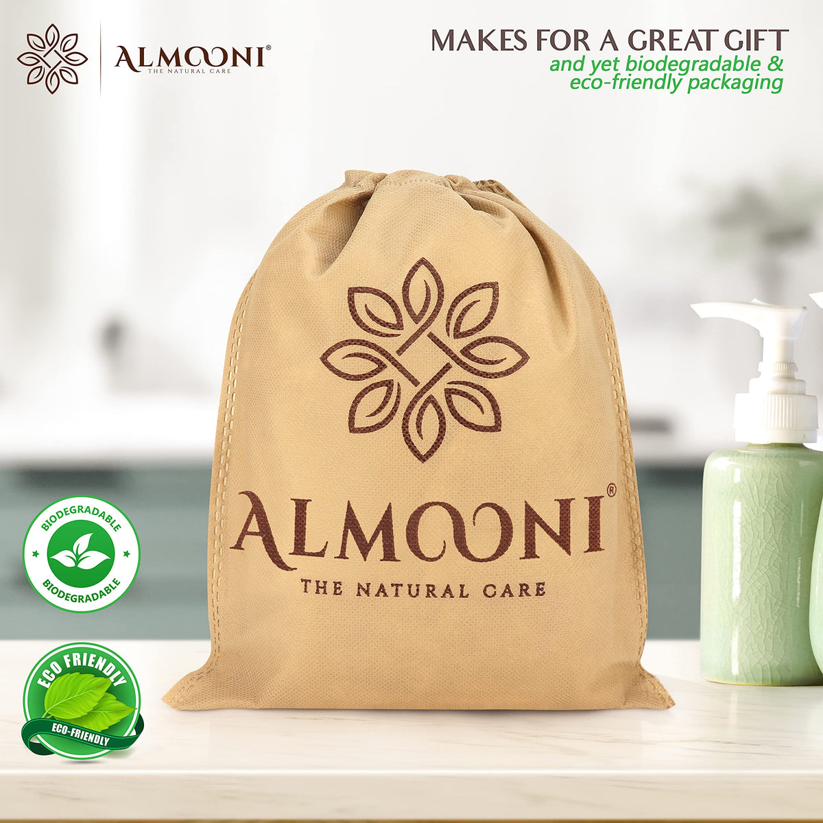 ALMOONI Mini Natural Loofah Sponge 3-Pack with eco-friendly packaging