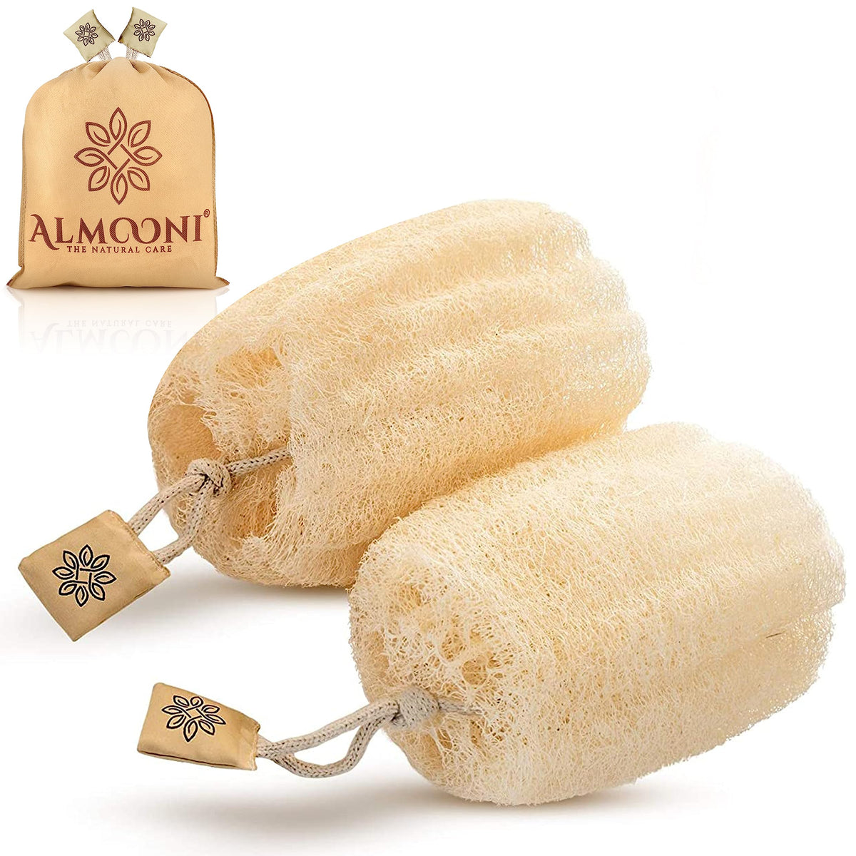 ALMOONI Natural Loofah Body Scrubber 2 Count front view in packaging