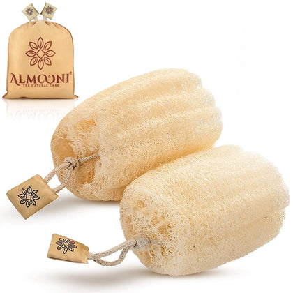 ALMOONI Natural Loofah Body Scrubber 2 Count front view in packaging