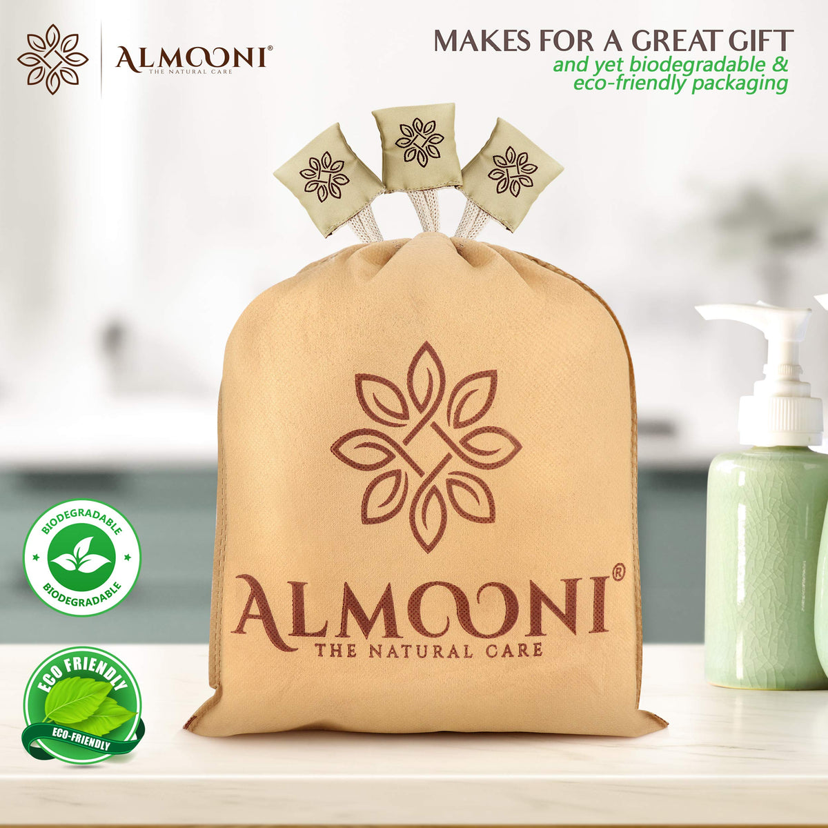 ALMOONI Natural Loofah Body Scrubber 3-Pack displayed on a bathroom shelf