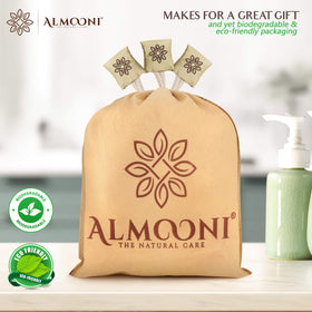ALMOONI Natural Loofah Body Scrubber 3-Pack displayed on a bathroom shelf