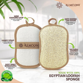 ALMOONI Natural Loofah Body Scrubber showing integrated hand strap