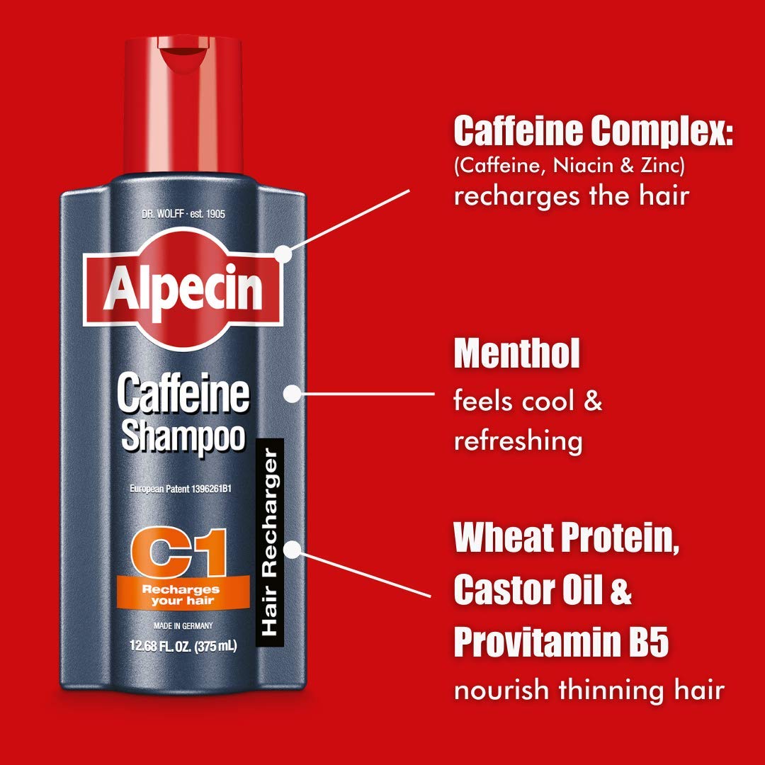 Alpecin C1 Caffeine Shampoo bottle in bathroom setting