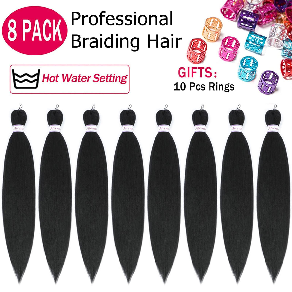 Alrence Braiding Hair 8 packs displayed with rings