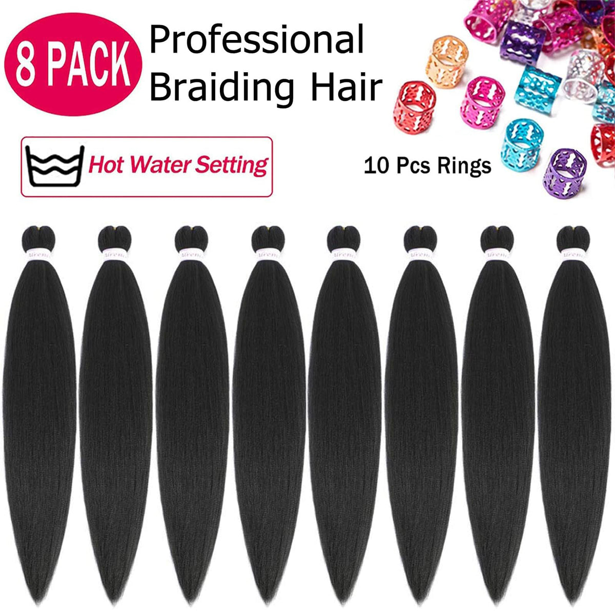Alrence Braiding Hair 8 packs with 10pcs rings packaging