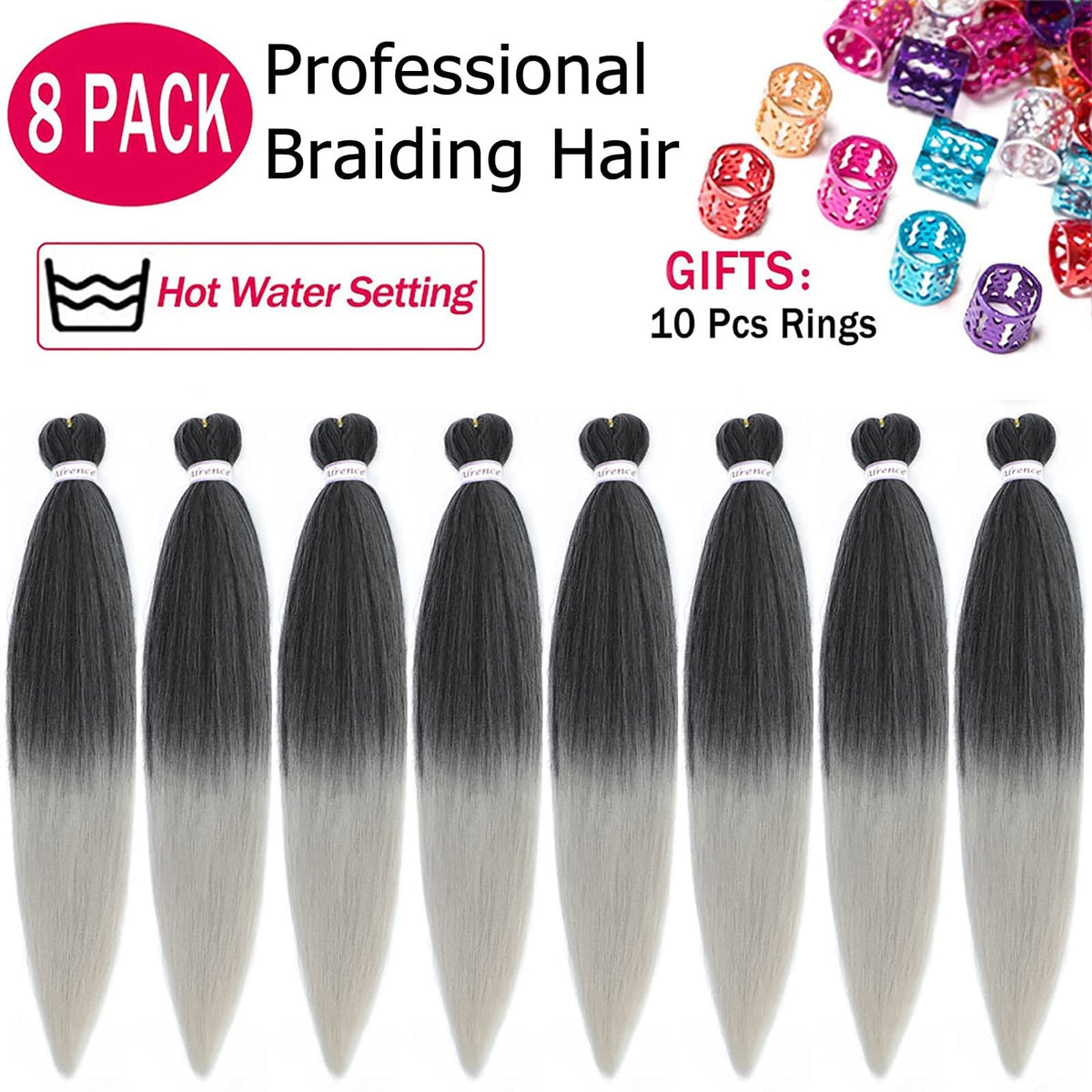 Alrence braiding hair packaging with 8 packs and 10 rings visible