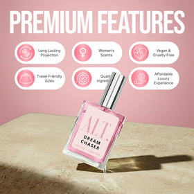 ALT. FRAGRANCES Dream Chaser 60ml bottle on a travel bag