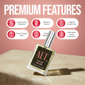 ALT. FRAGRANCES Fleur Noire bottle on a vanity