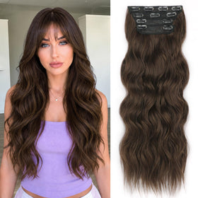 ALXNAN Long Wavy Clip in Hair Extensions 20" Chocolate Brown front view