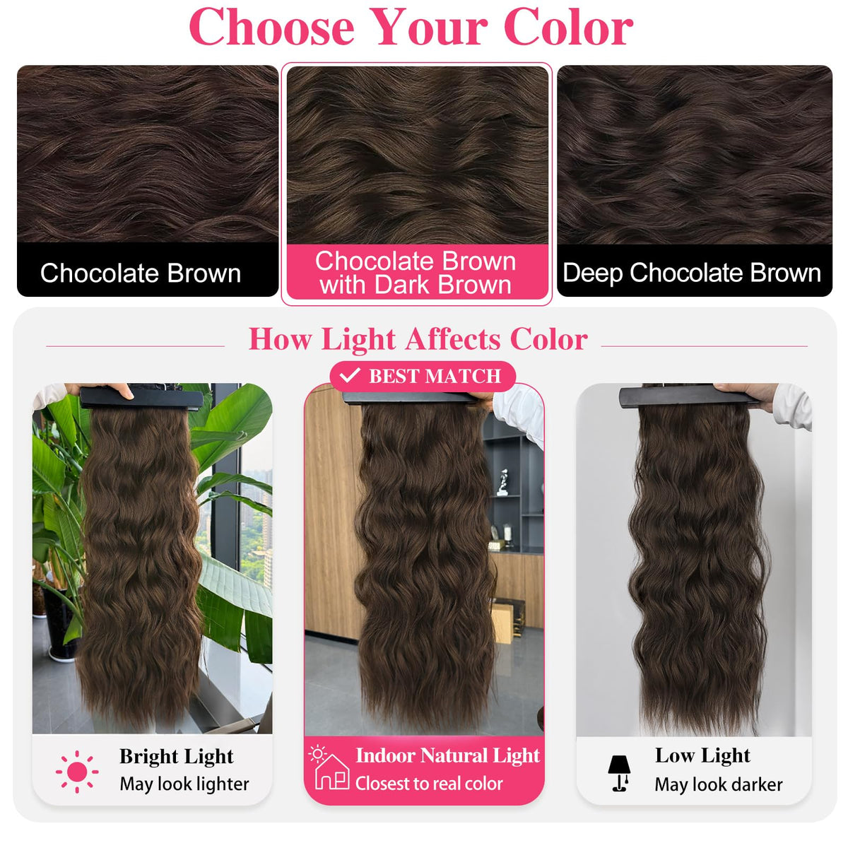 ALXNAN Long Wavy Clip in Hair Extensions 20" Chocolate Brown in different hairstyles