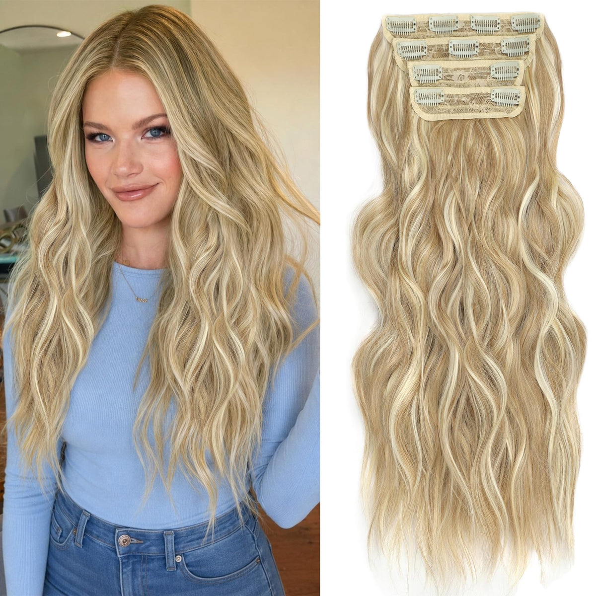 ALXNAN Long Wavy Clip in Hair Extensions 20 inch Beach Blonde front view