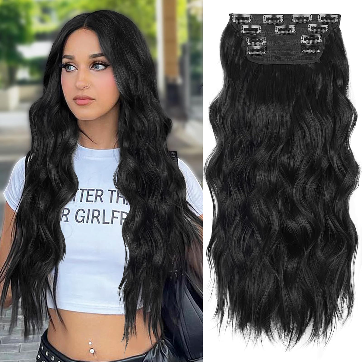 ALXNAN Long Wavy Clip in Hair Extensions 20-inch Black front view