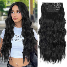 ALXNAN Long Wavy Clip in Hair Extensions 20-inch Black front view