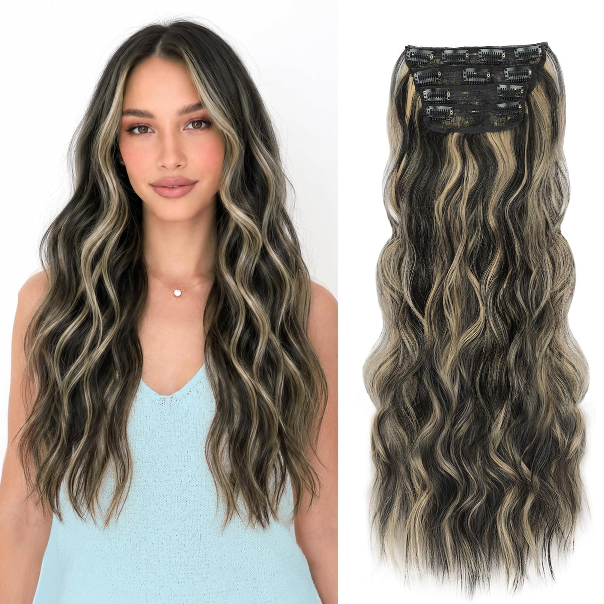 ALXNAN Long Wavy Clip in Hair Extensions 20 inch black mix blonde front view