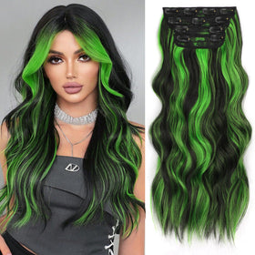 ALXNAN Long Wavy Clip in Hair Extensions 20 inch black mix green highlights front view