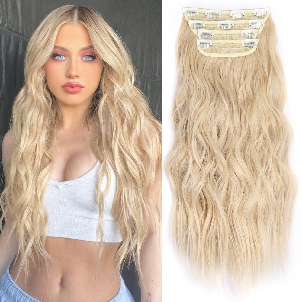 ALXNAN Long Wavy Clip in Hair Extensions 20 inch blonde front view