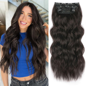 ALXNAN Long Wavy Clip in Hair Extensions 20-inch Dark Brown front view