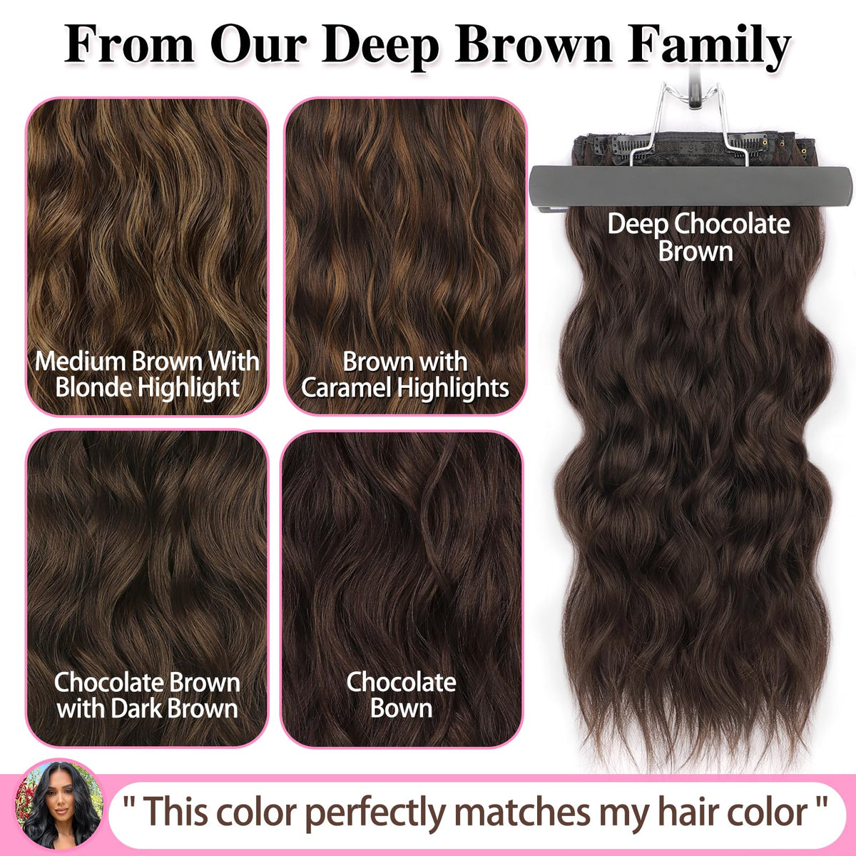 ALXNAN Long Wavy Clip in Hair Extensions 20 inch deep chocolate brown in use