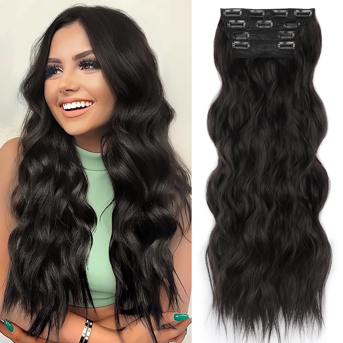 ALXNAN Long Wavy Clip in Hair Extensions 20 inch front view