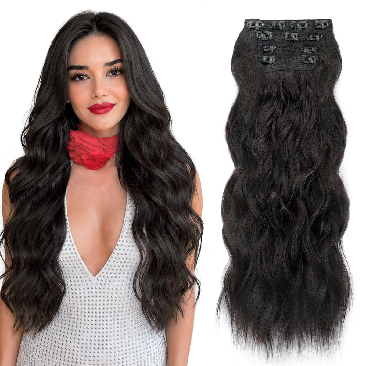 ALXNAN Long Wavy Clip in Hair Extensions 20 inch Natural Black front view