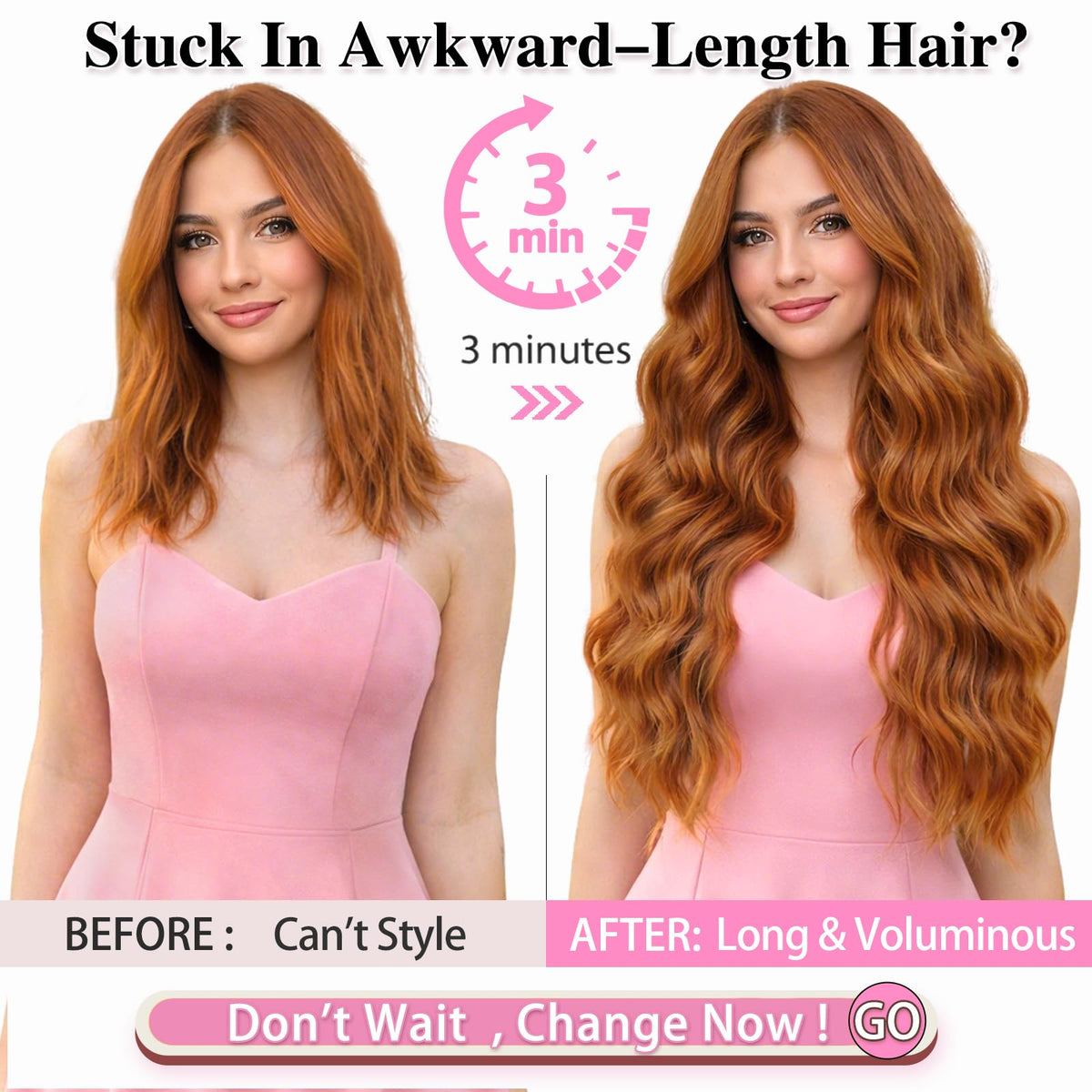 ALXNAN Long Wavy Clip-in Hair Extensions 20 inch Orange Red back view