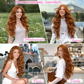 ALXNAN Long Wavy Clip-in Hair Extensions 20 inch Orange Red close-up of clips
