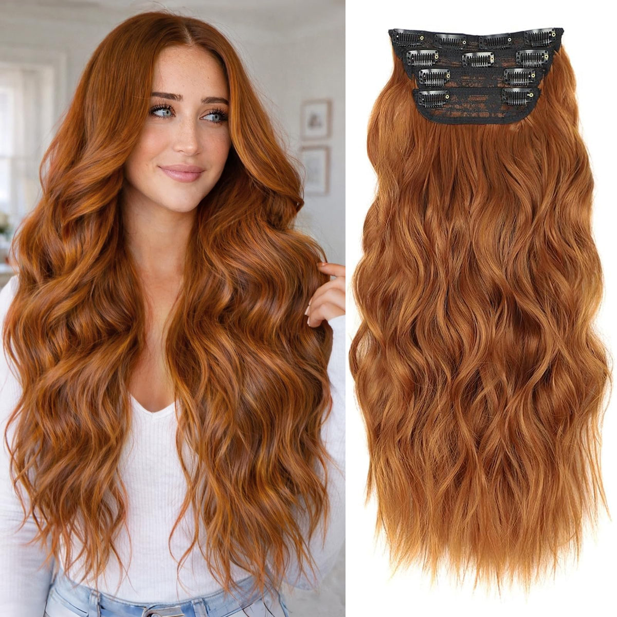 ALXNAN Long Wavy Clip-in Hair Extensions 20 inch Orange Red front view