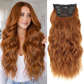 ALXNAN Long Wavy Clip-in Hair Extensions 20 inch Orange Red front view
