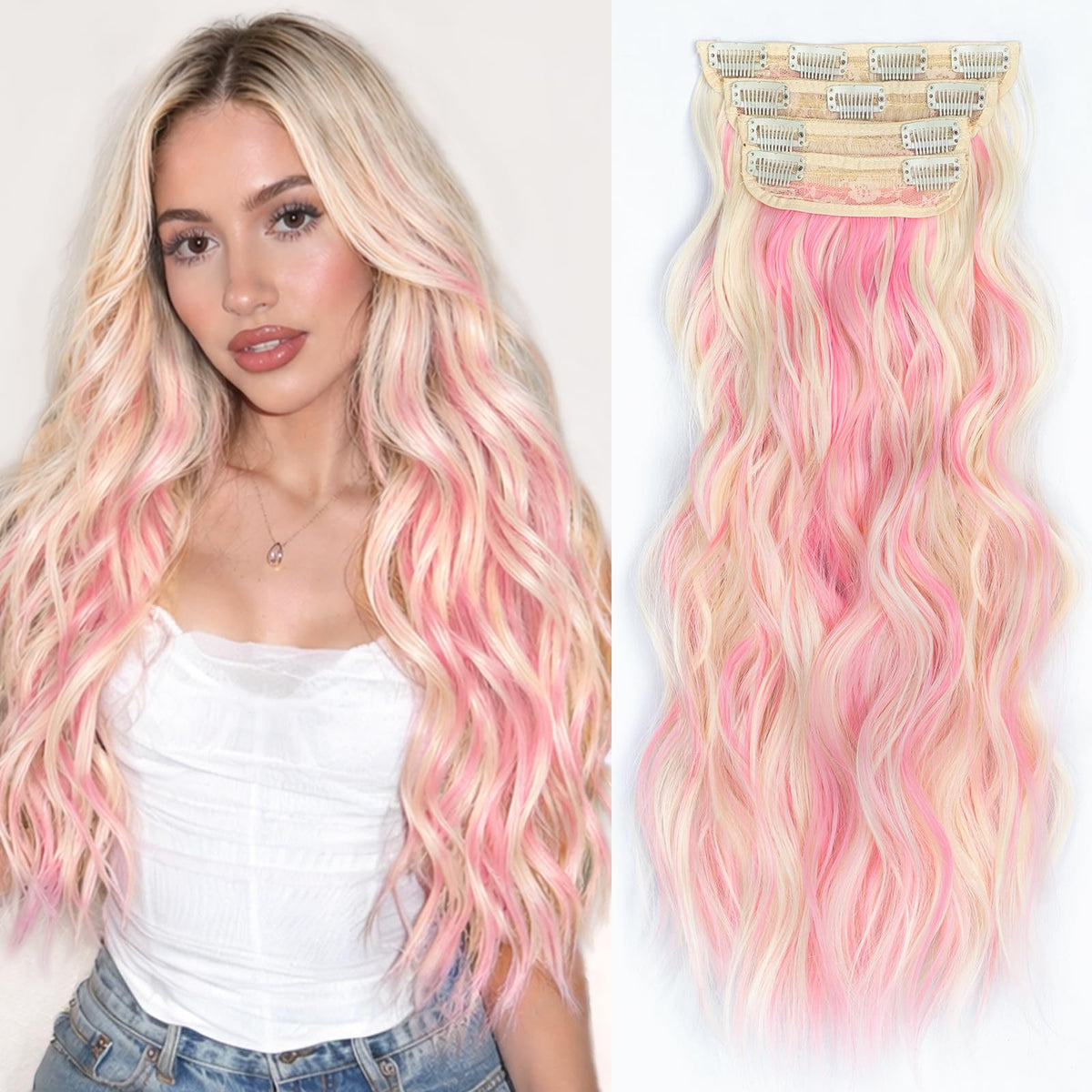 ALXNAN Long Wavy Clip in Hair Extensions 20 inches Light Pink Mix Blonde front view