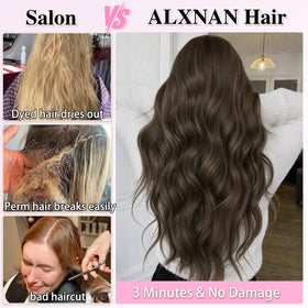 ALXNAN Long Wavy Clip in Hair Extensions 24" Ash Brown clips detail
