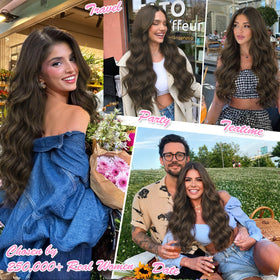 ALXNAN Long Wavy Clip in Hair Extensions 24" Ash Brown close-up